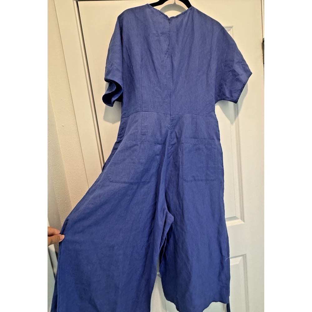 Adolfo Dominguez XL 100% Linen Wrap Jumpsuit Blue Wide Leg Tie Waist India Made - Picture 9 of 15